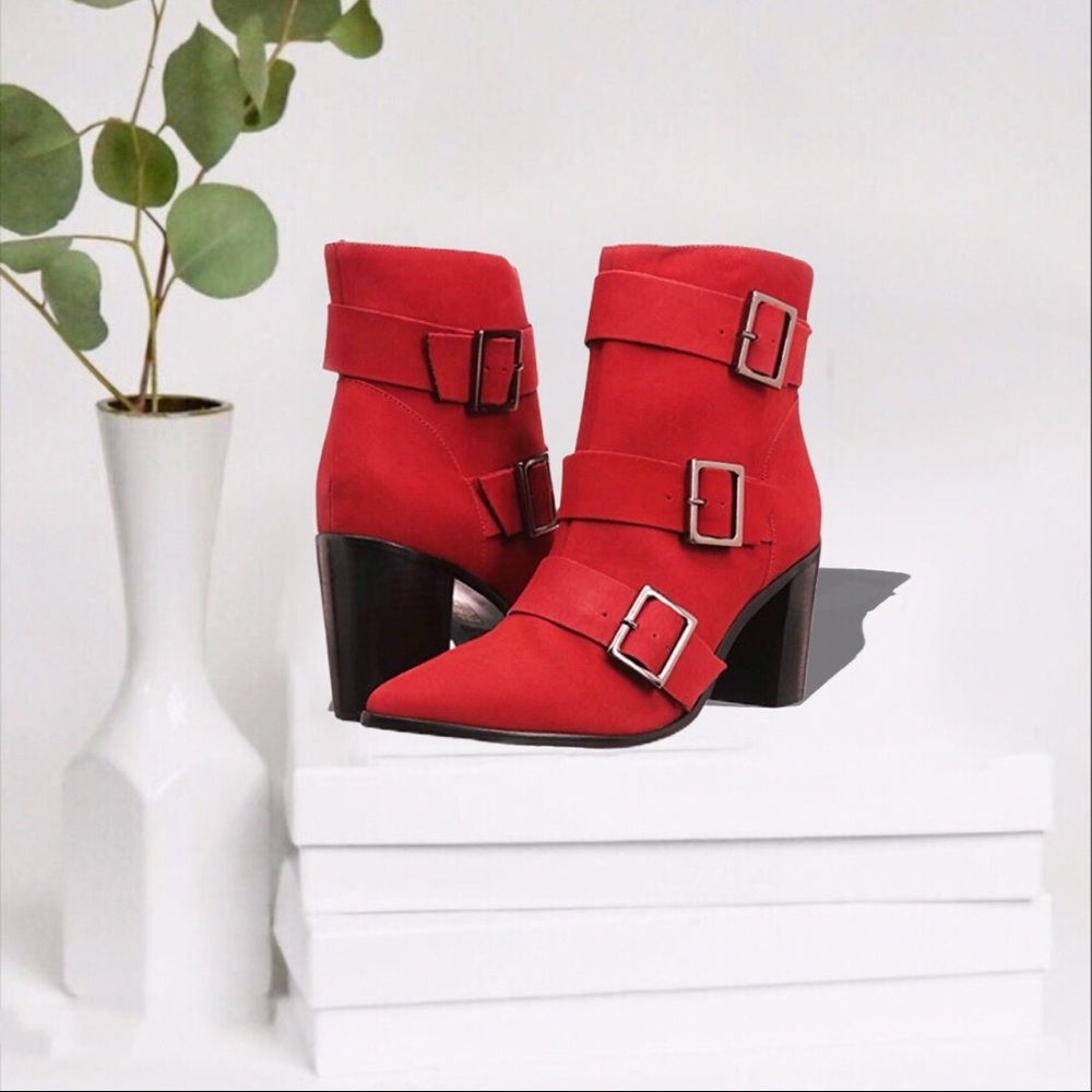 Schutz “Bonna” Red Suede Ankle Boots w/ Buckles